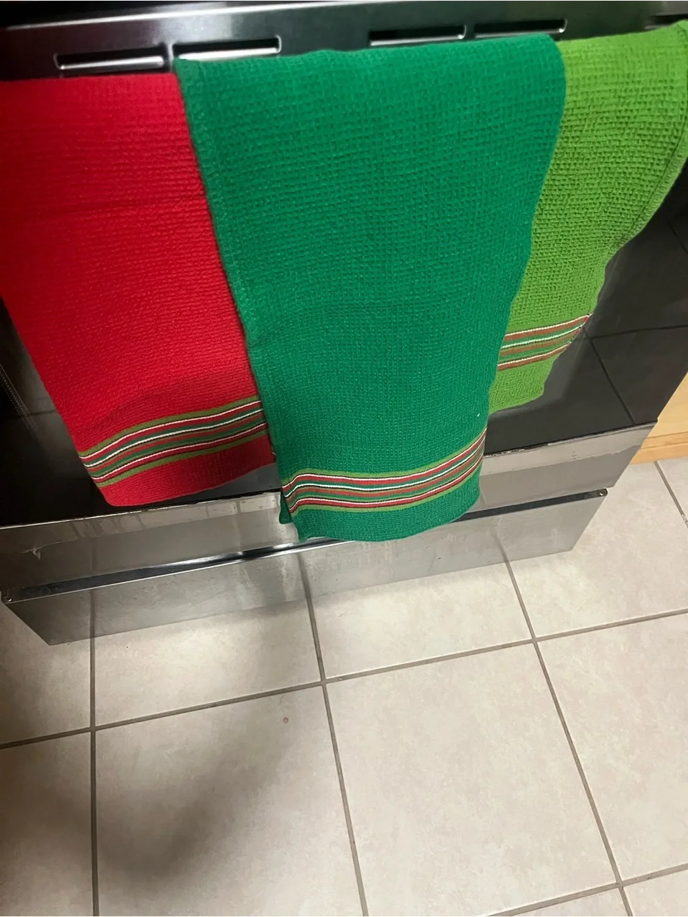 Bed Bath & Beyond Green Waffle-Weave Towel with Red and White Stripe Accents